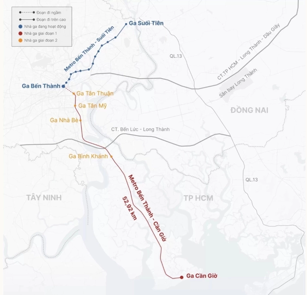Hướng tuyến metro Bến Thành - Cần Giờ