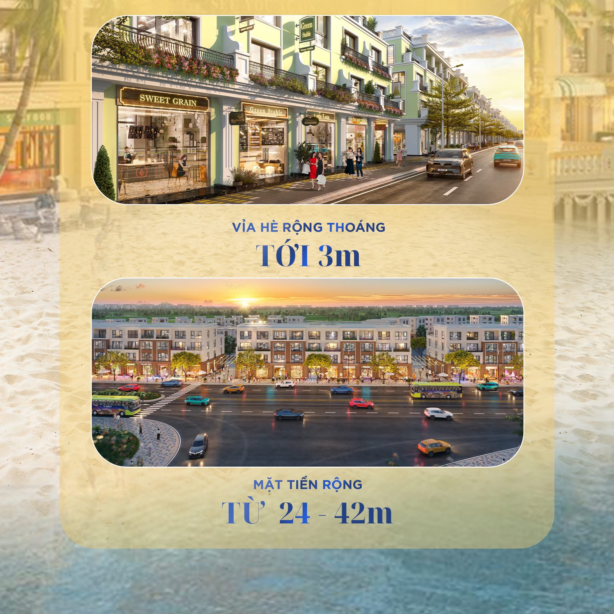 Lợi thế mặt tiền rộng 5-20m cùng vỉa hè thoáng đạt không chỉ gia tăng khả năng nhận diện thương hiệu mà còn tạo điều kiện thuận lợi cho hoạt động kinh doanh sôi động và bền vững.